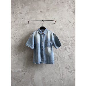 LV 루이비통 자수 반팔 블루 데님 셔츠 의류