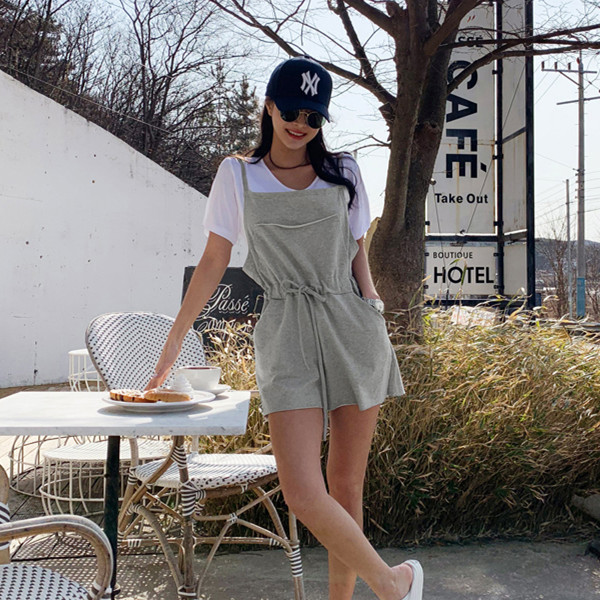 2025 여름 여성 그레이 반팔 반바지 캐주얼 멜빵바지