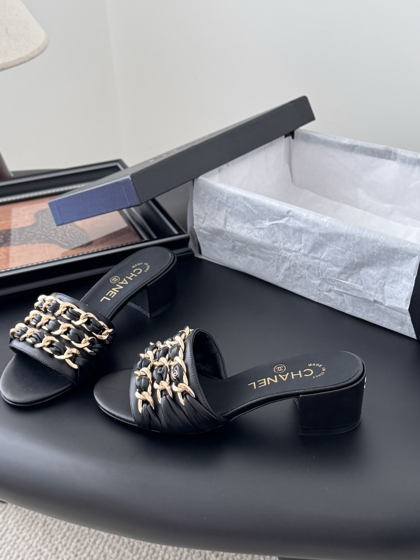 Chanel 샤넬 체인 굽 슬리퍼 샌들 신발