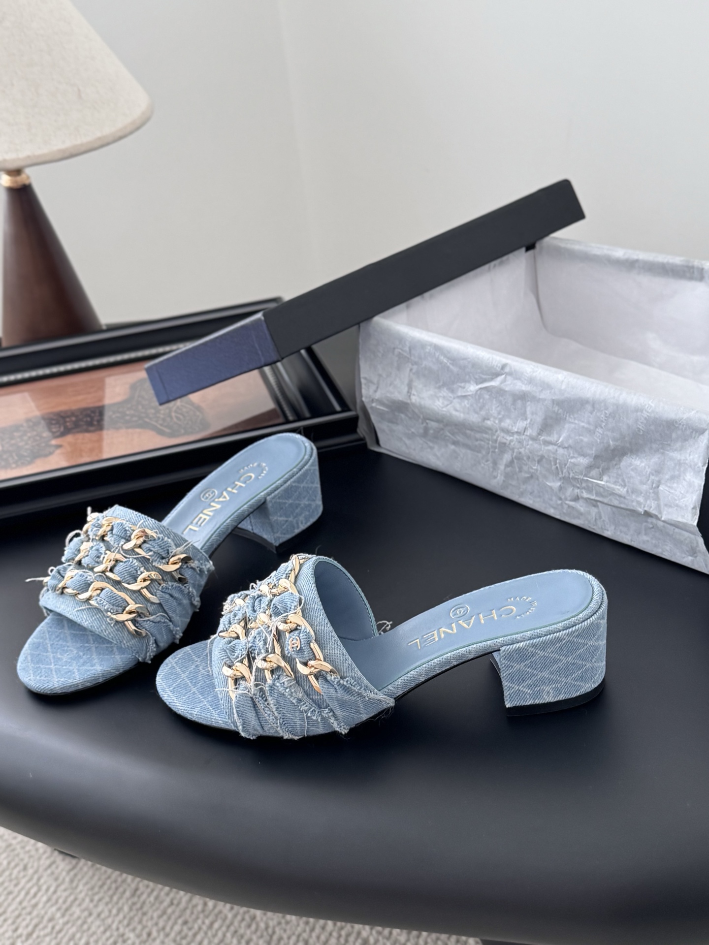 Chanel 샤넬 체인 굽 슬리퍼 샌들 신발