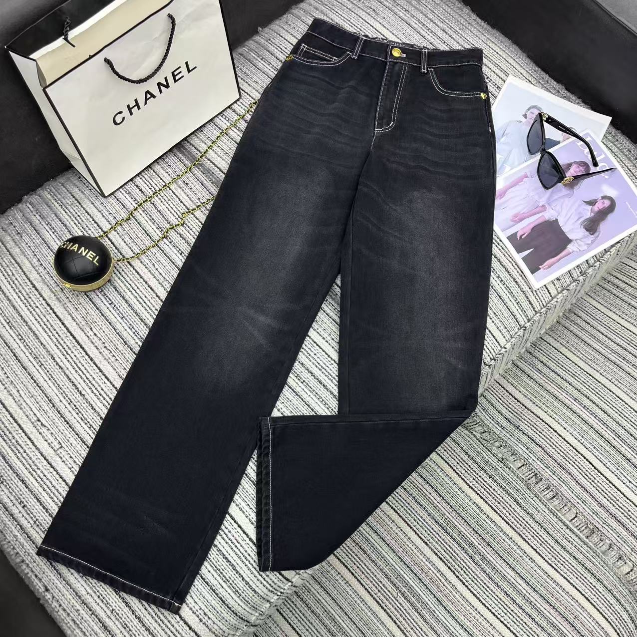 Chanel 샤넬 프린트 & 메탈 장식 데님 팬츠 청바지 의류