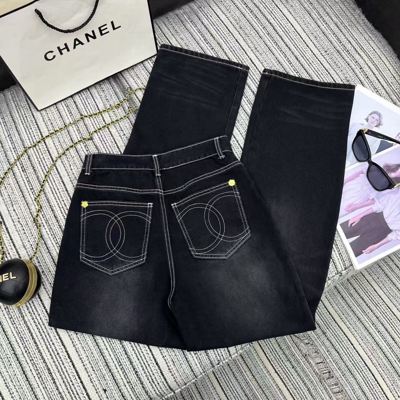 Chanel 샤넬 프린트 & 메탈 장식 데님 팬츠 청바지 의류