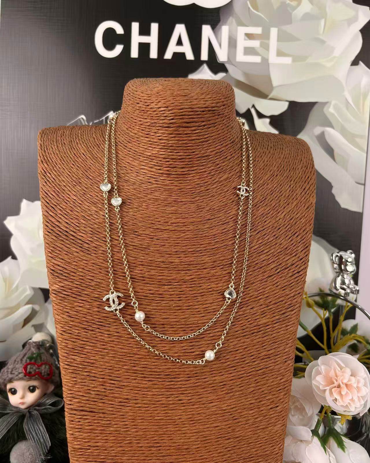 Chanel 샤넬 하트 진주 더블 C 체인 네크리스 목걸이
