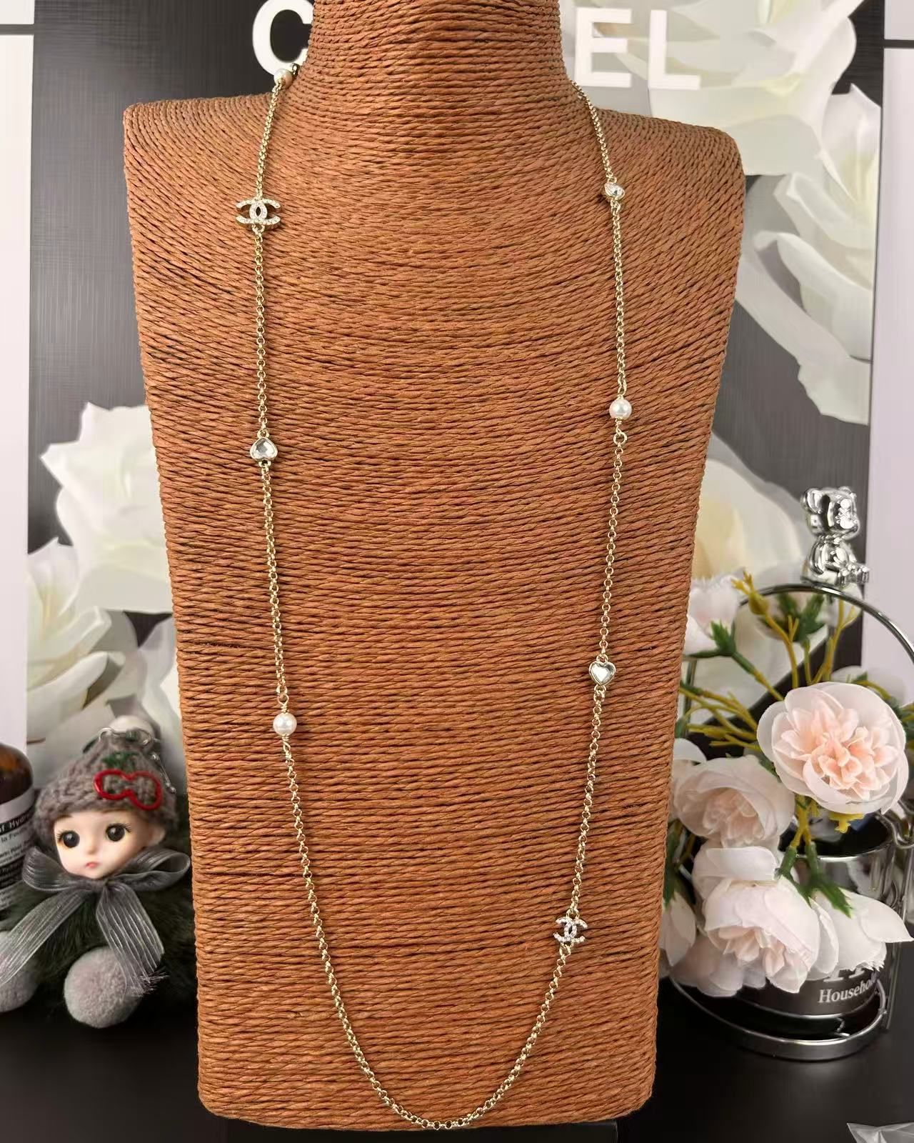 Chanel 샤넬 하트 진주 더블 C 체인 네크리스 목걸이