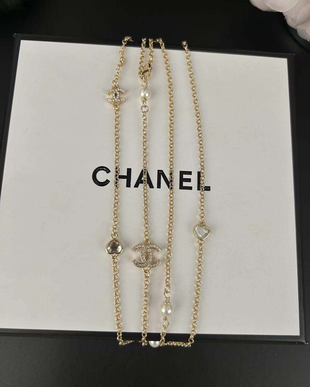 Chanel 샤넬 하트 진주 더블 C 체인 네크리스 목걸이