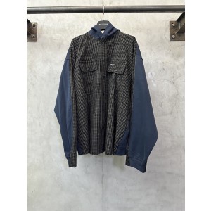 Balenciaga 발렌시아가 체크 패턴 가슴 포켓 후드 아치 헴 셔츠 자켓 재킷 의류