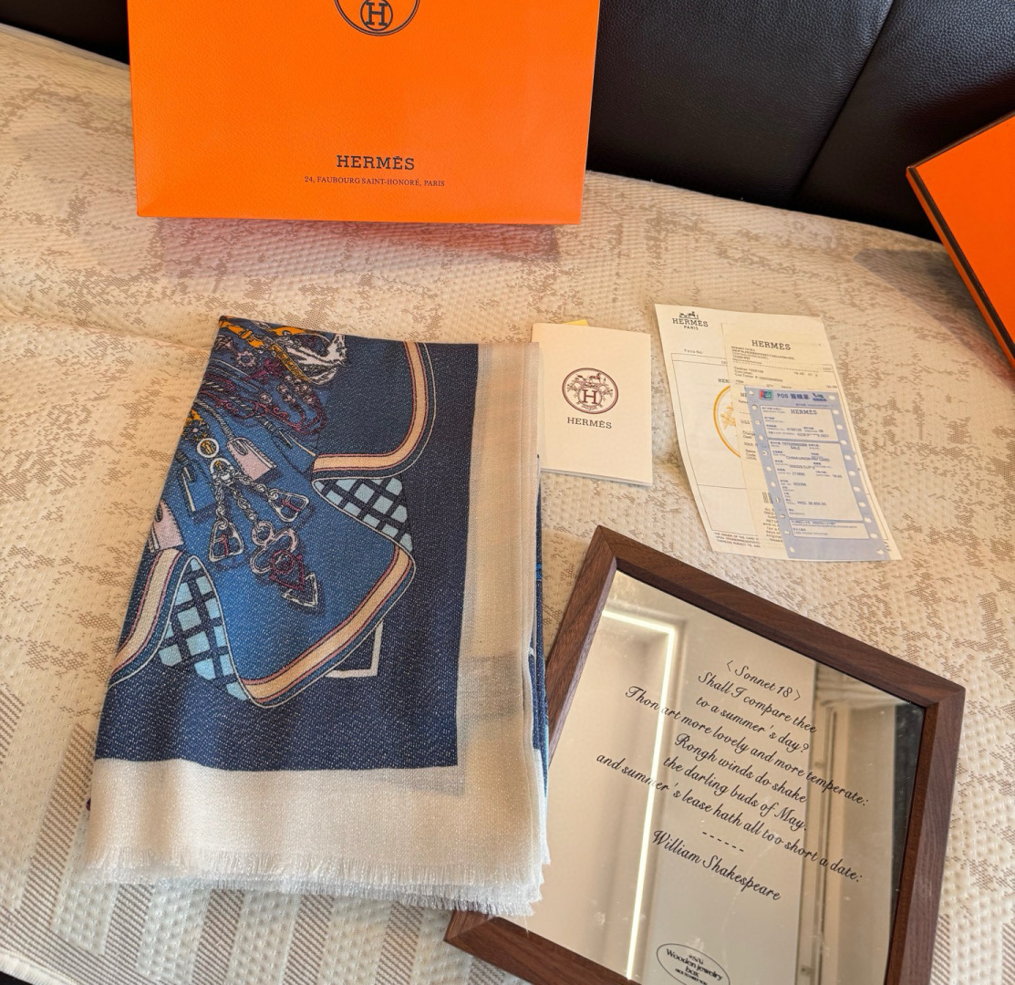 Louis Vuitton LV 루이비통 실버사 실크 울 스카프 머플러 목도리