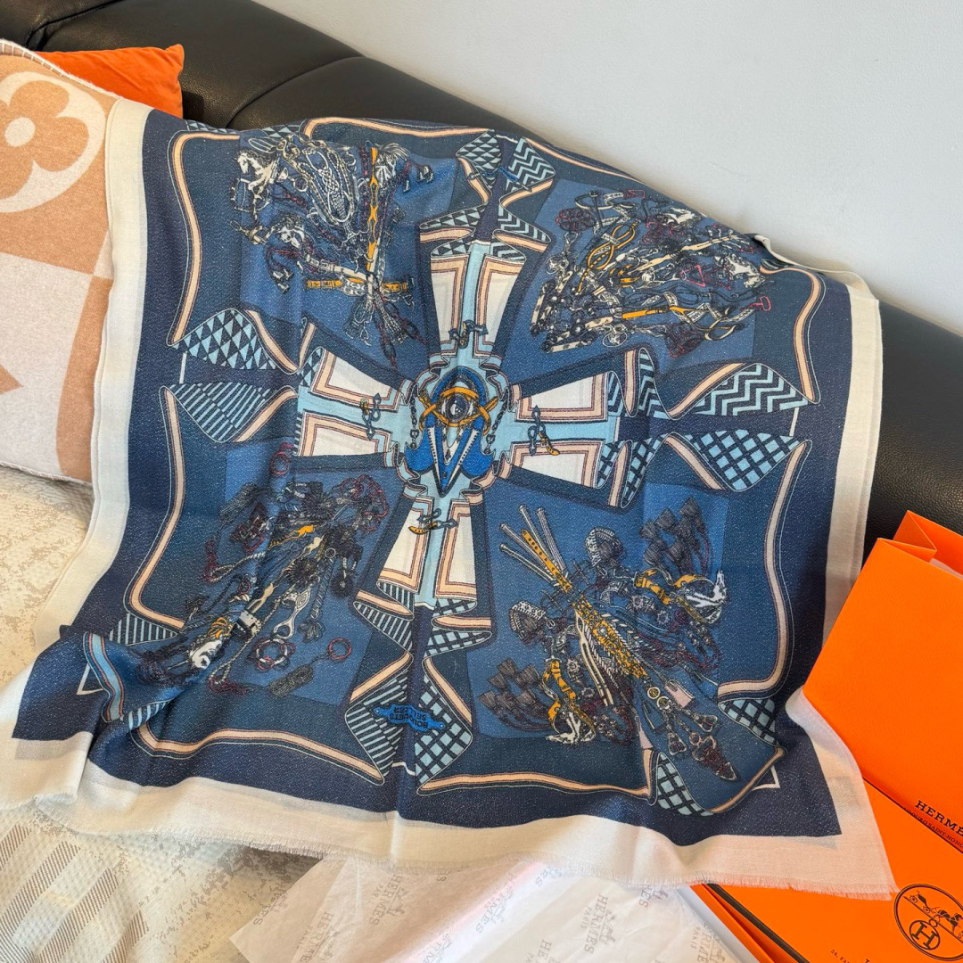 Louis Vuitton LV 루이비통 실버사 실크 울 스카프 머플러 목도리