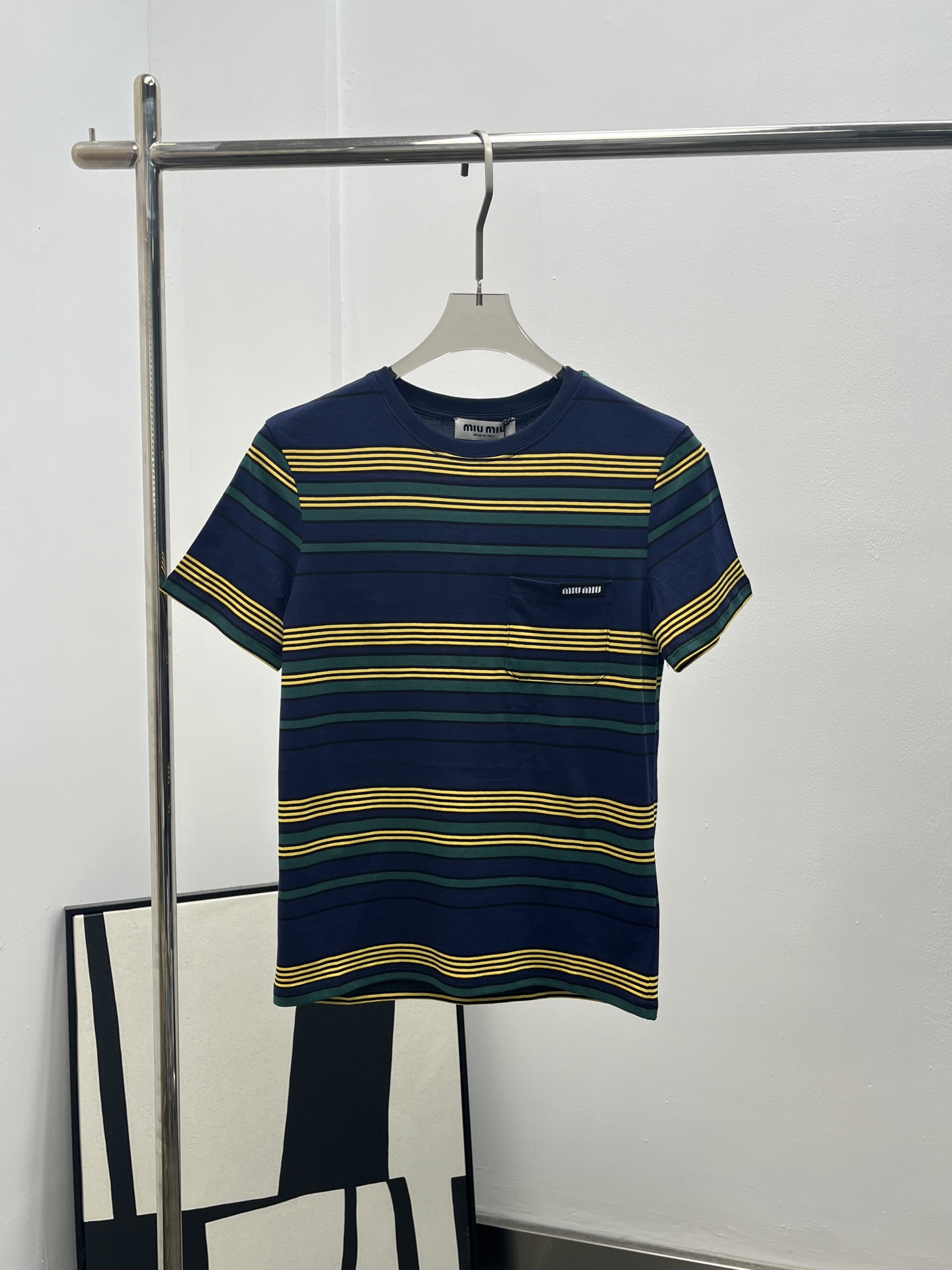miumiu 미우미우 체크·스트라이프 라운드넥 반팔 티셔츠 의류