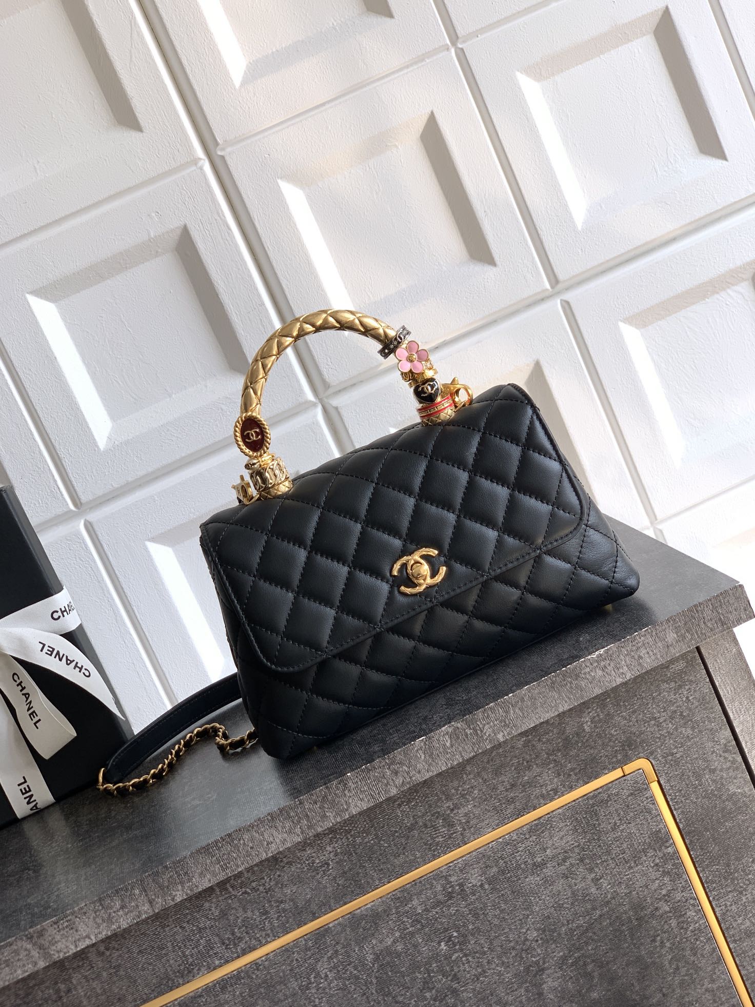 Chanel 샤넬 금장 다이아 컷아웃 링백 토트백 숄더백 가방 23cm
