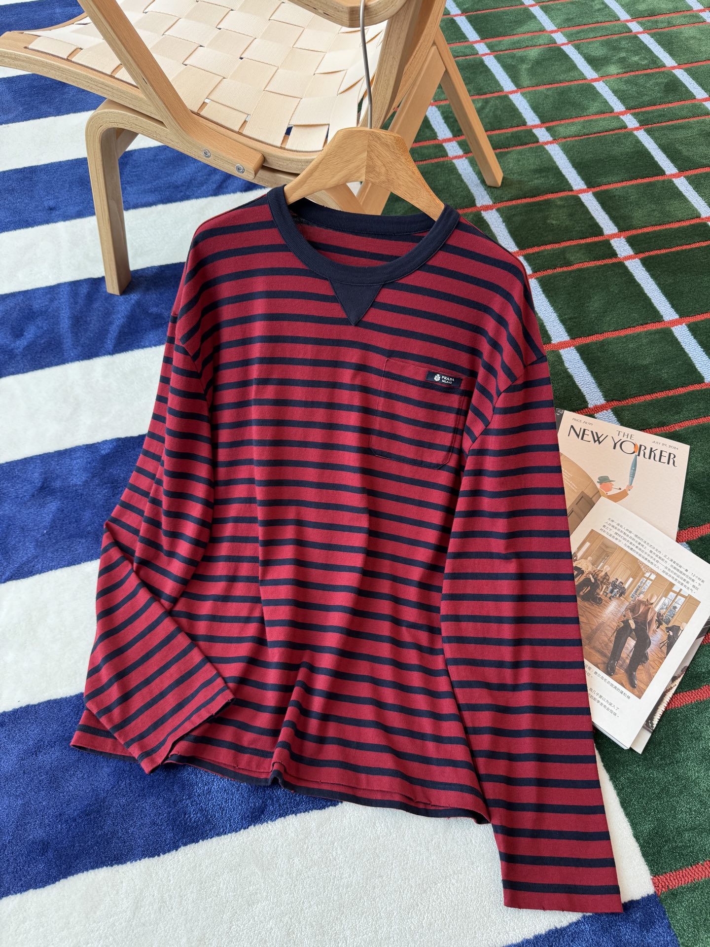 prada 프라다 로고 레드·블루 스트라이프 긴팔 티셔츠 의류
