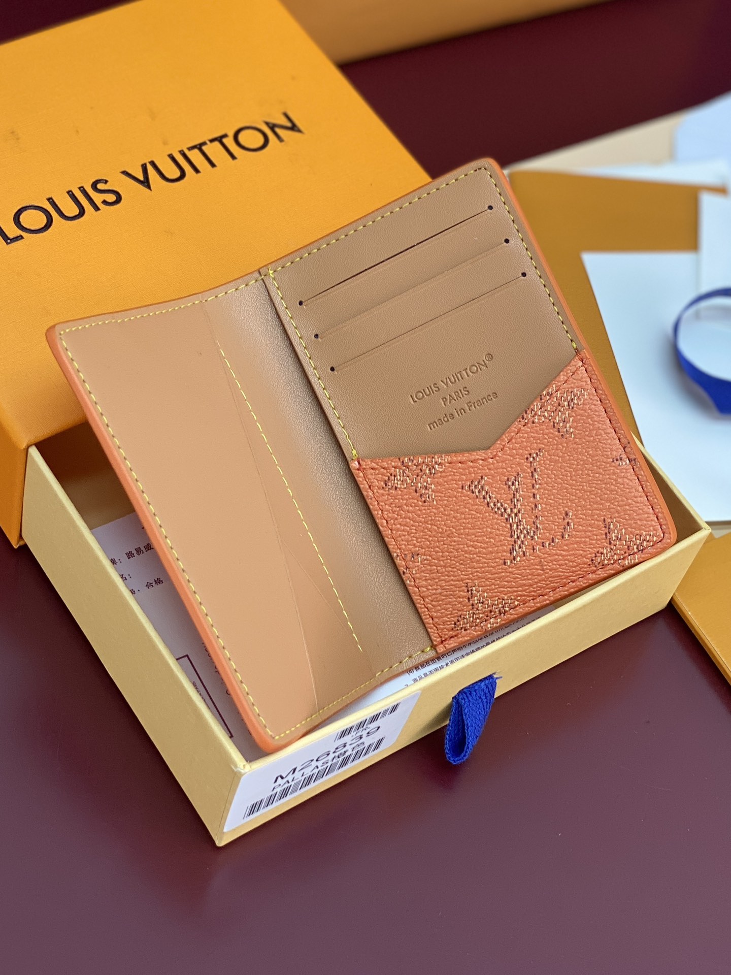 LV 루이비통 M26839 실크 프린트 오렌지 포켓 카드 지갑 월렛
