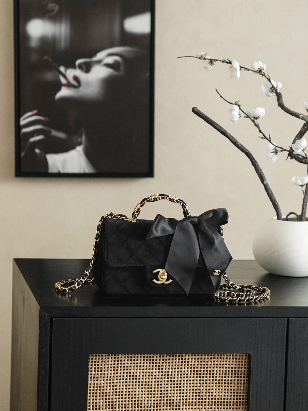 Chanel 샤넬 25K 블랙 벨벳 핸들 CF 미니 숄더백 가방