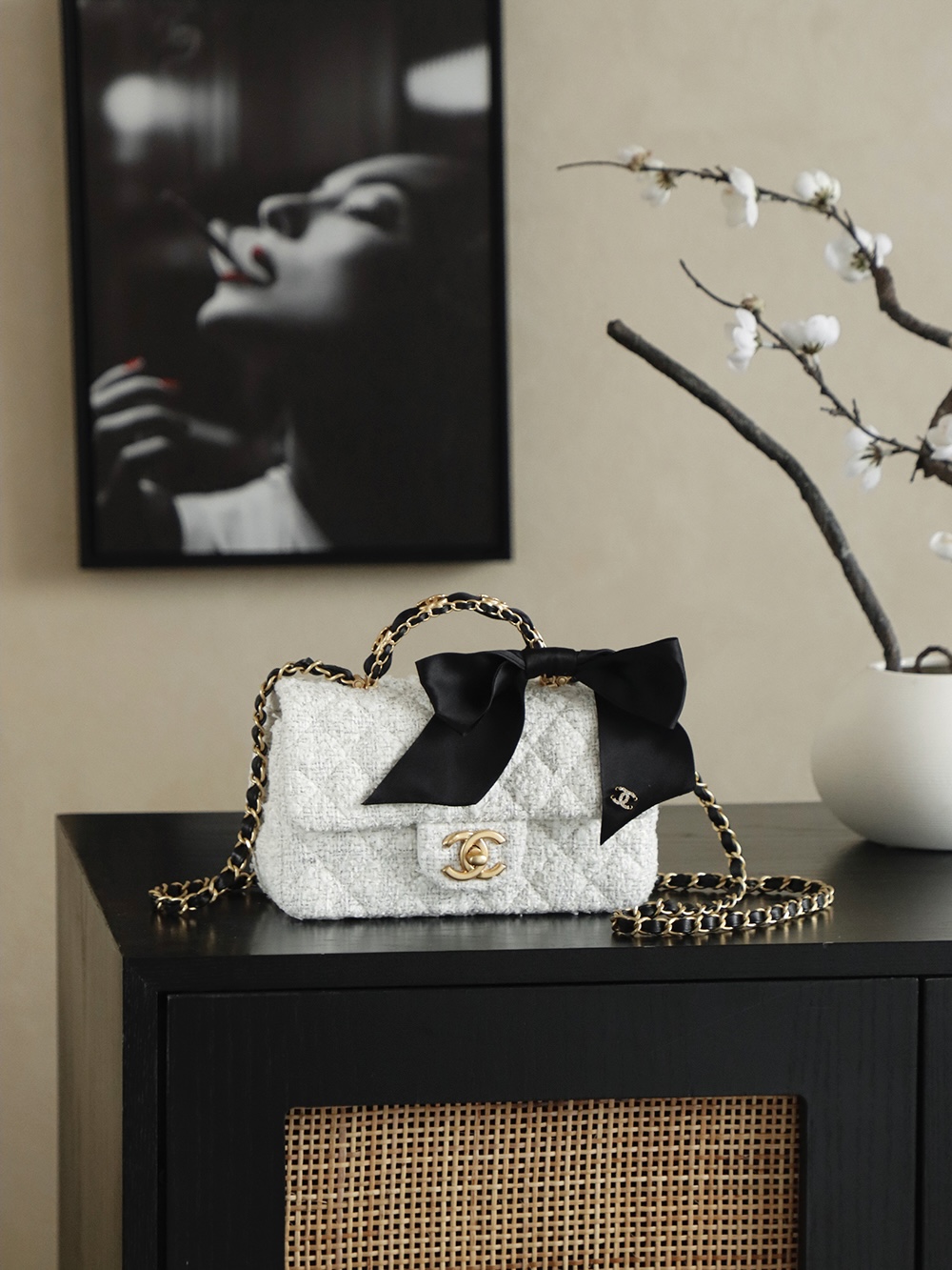 Chanel 샤넬 25K 화이트 벨벳 핸들 CF 미니 숄더백 가방