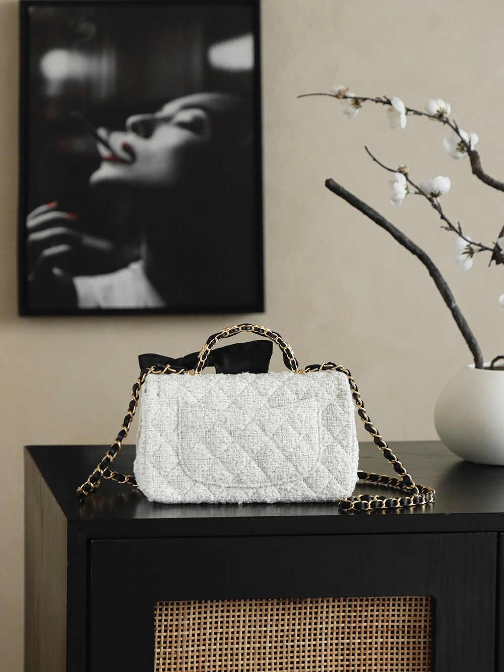 Chanel 샤넬 25K 화이트 벨벳 핸들 CF 미니 숄더백 가방