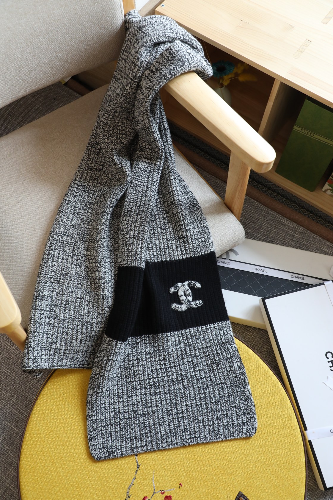 CHANEL 샤넬 캐시미어 배색 니트 머플러 목도리 스카프