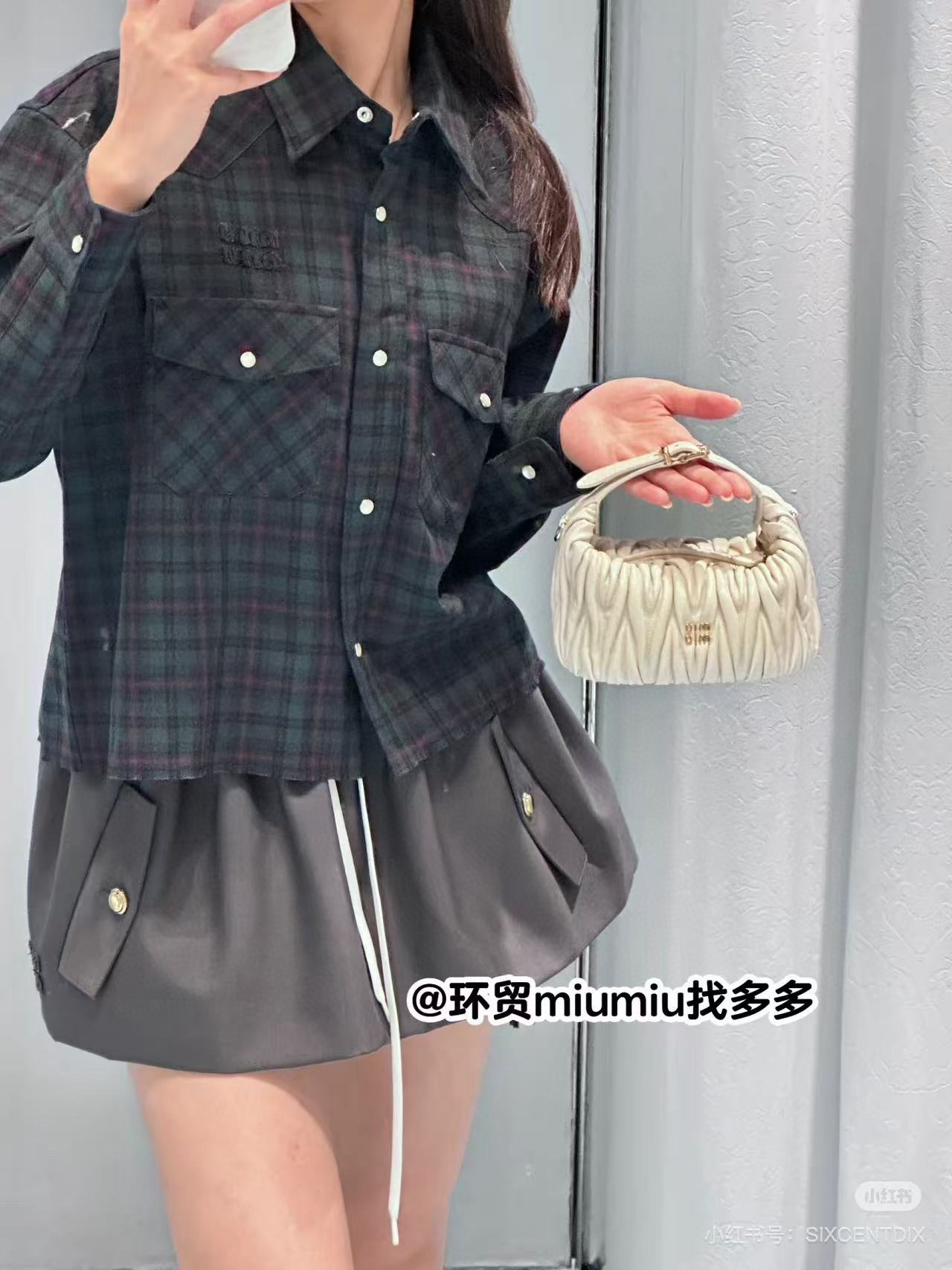 MIUMIU 미우미우 그린 체크 숏 셔츠 의류