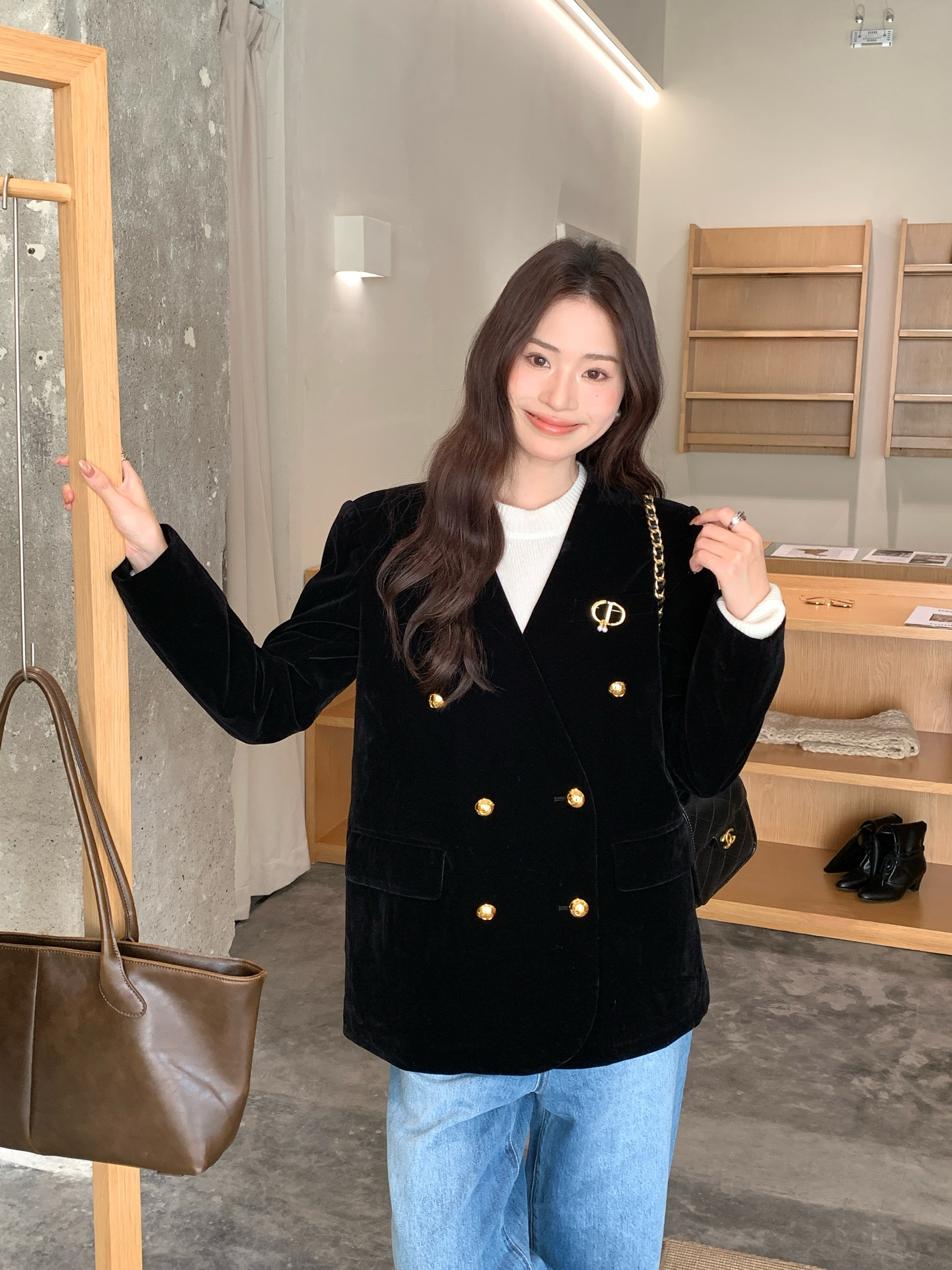 Dior CD 디올 진주 브로치 장식 패딩 벨벳 자켓 재킷 블레이저 의류