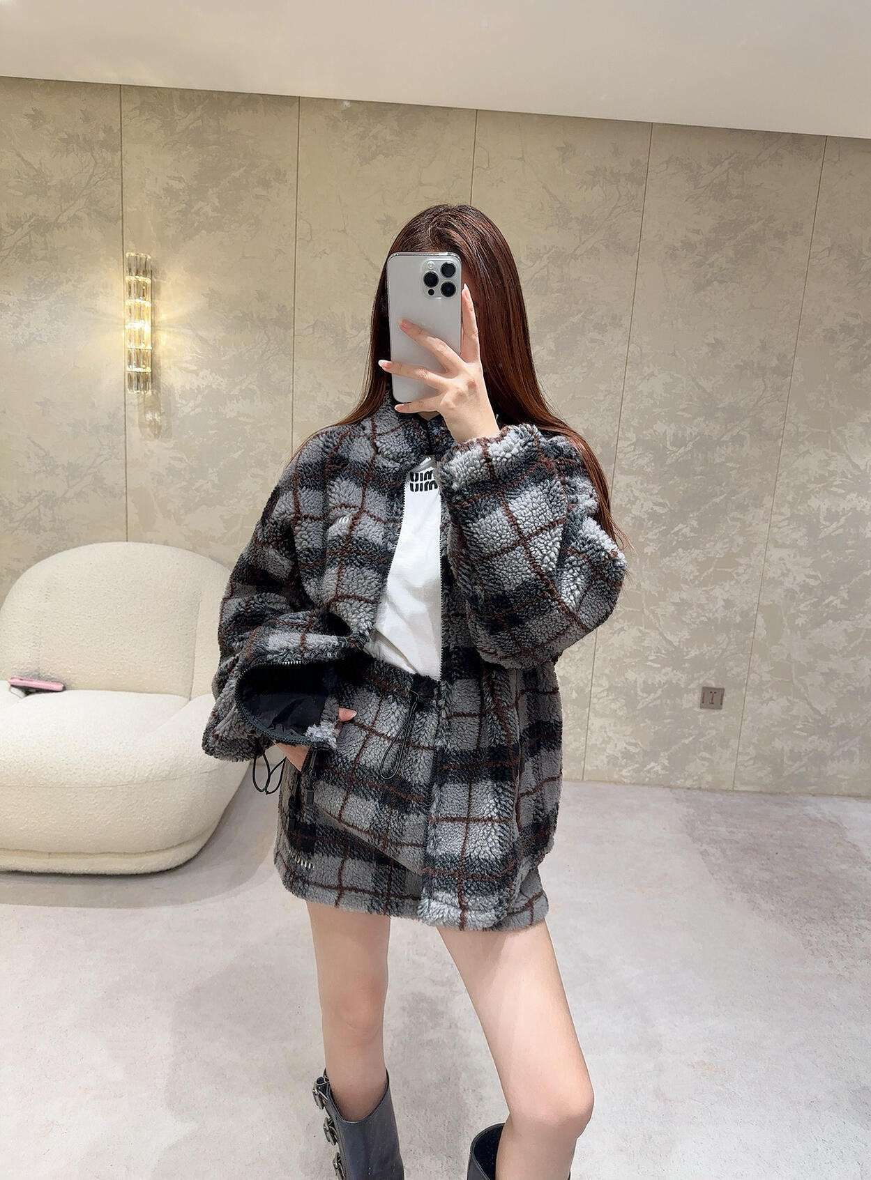 MiuMiu 미우미우 양고슬 체크 자수 집업 점퍼 후리스 플리스 자켓 재킷 의류