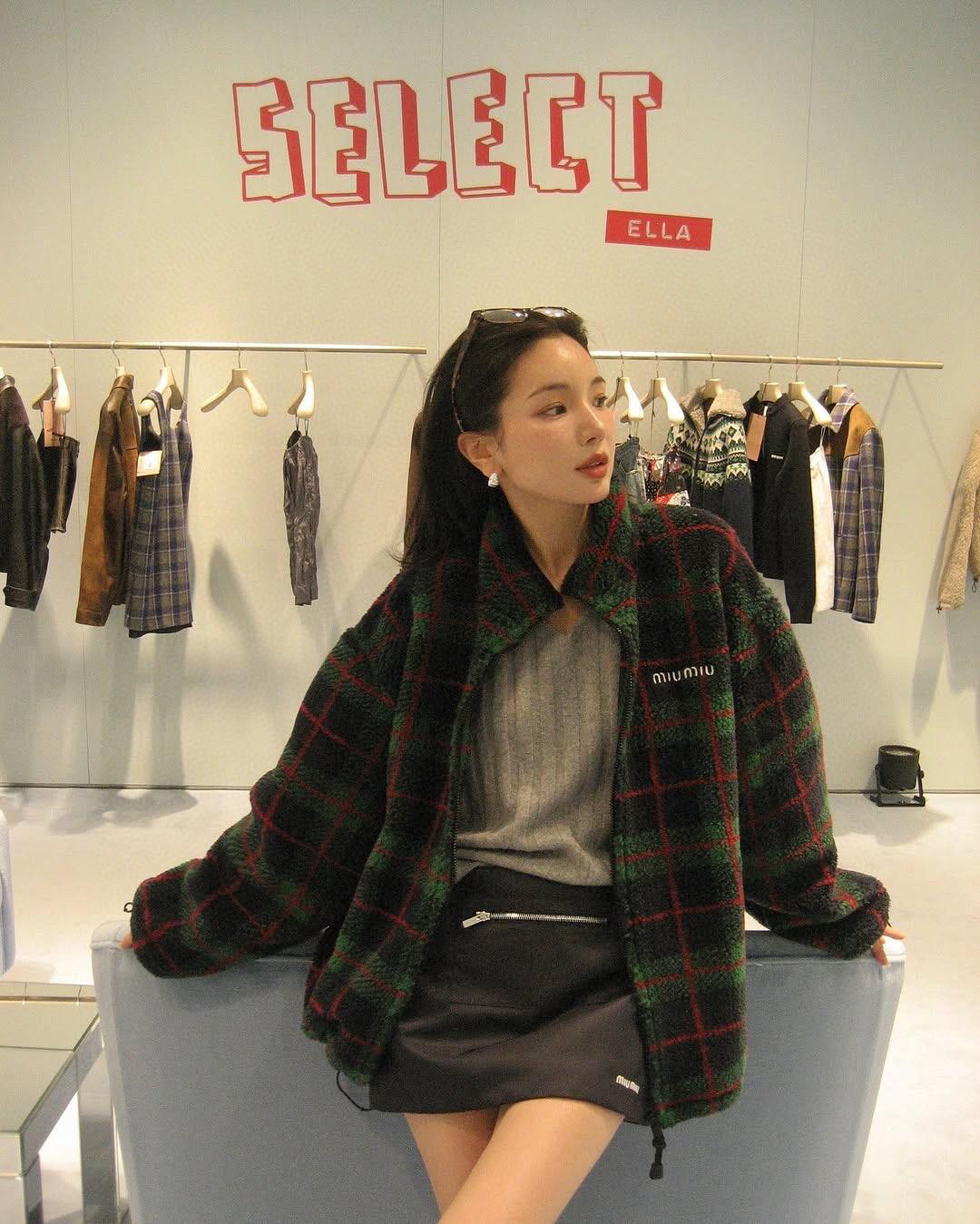 MiuMiu 미우미우 양고슬 체크 자수 집업 점퍼 후리스 플리스 자켓 재킷 의류