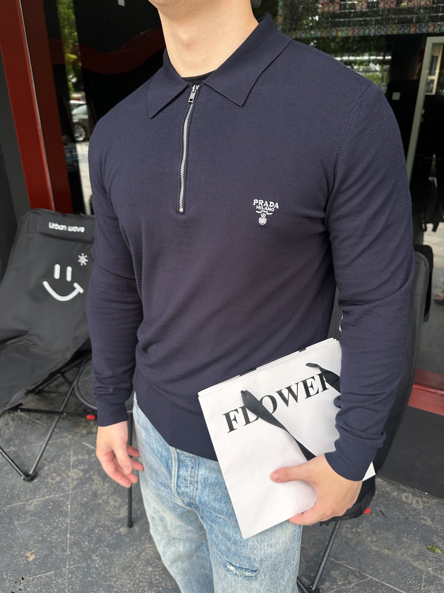 PRADA 프라다 자수 하프 집업 긴팔 폴로 카라 티셔츠 의류