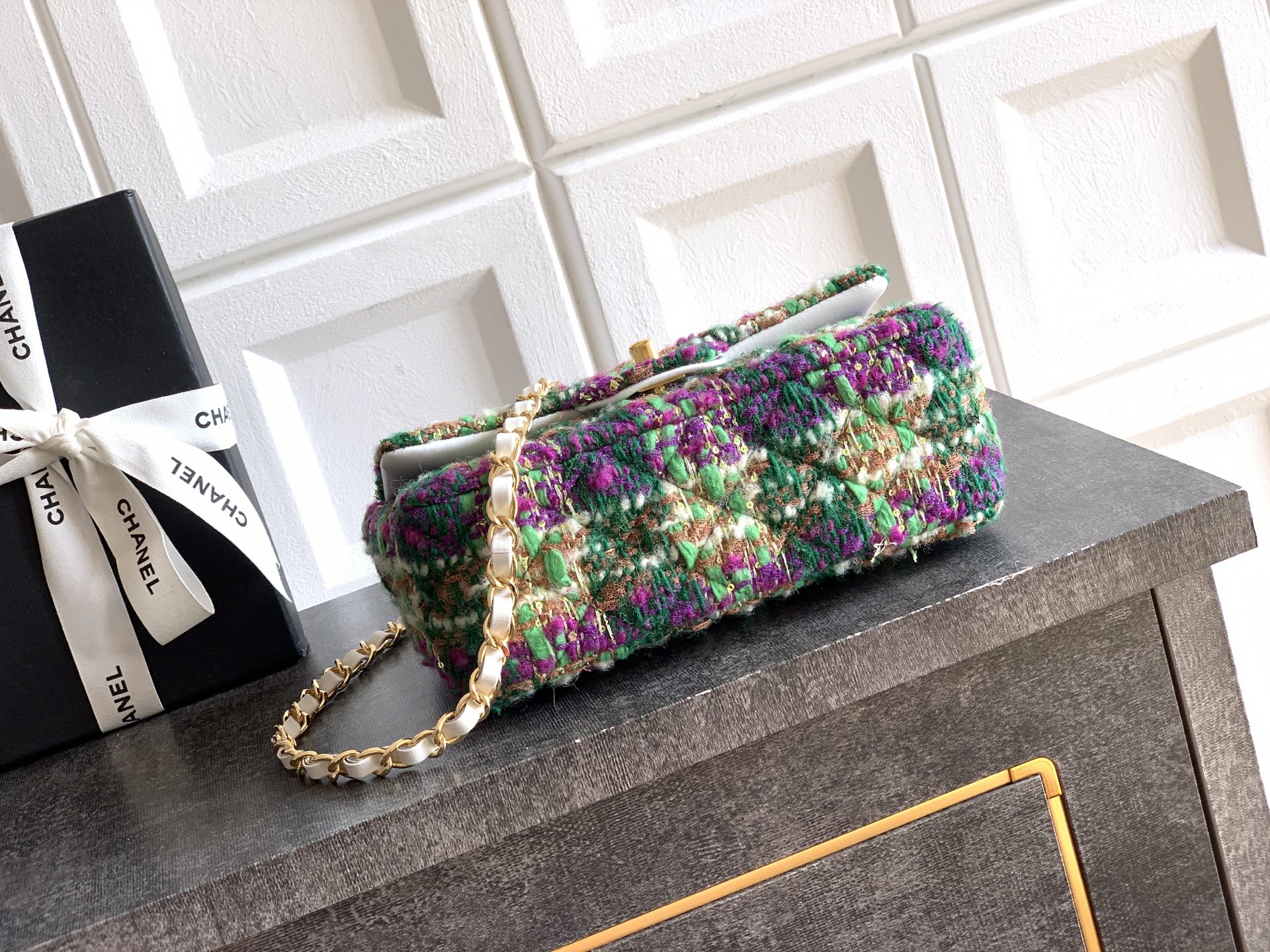 Chanel 샤넬 미니 CF - 퍼플 & 그린 트위드 (20cm) 숄더백 가방