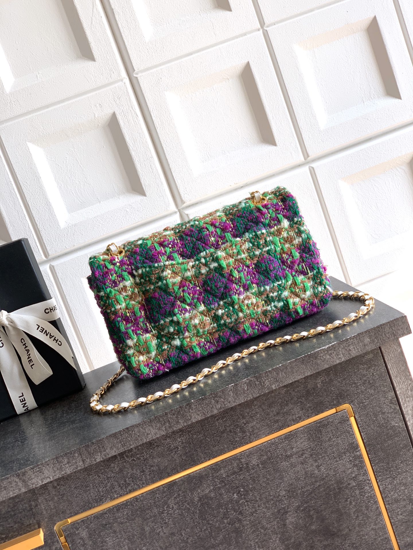 Chanel 샤넬 CF 퍼플 & 그린 트위드 (25cm) 숄더백 가방