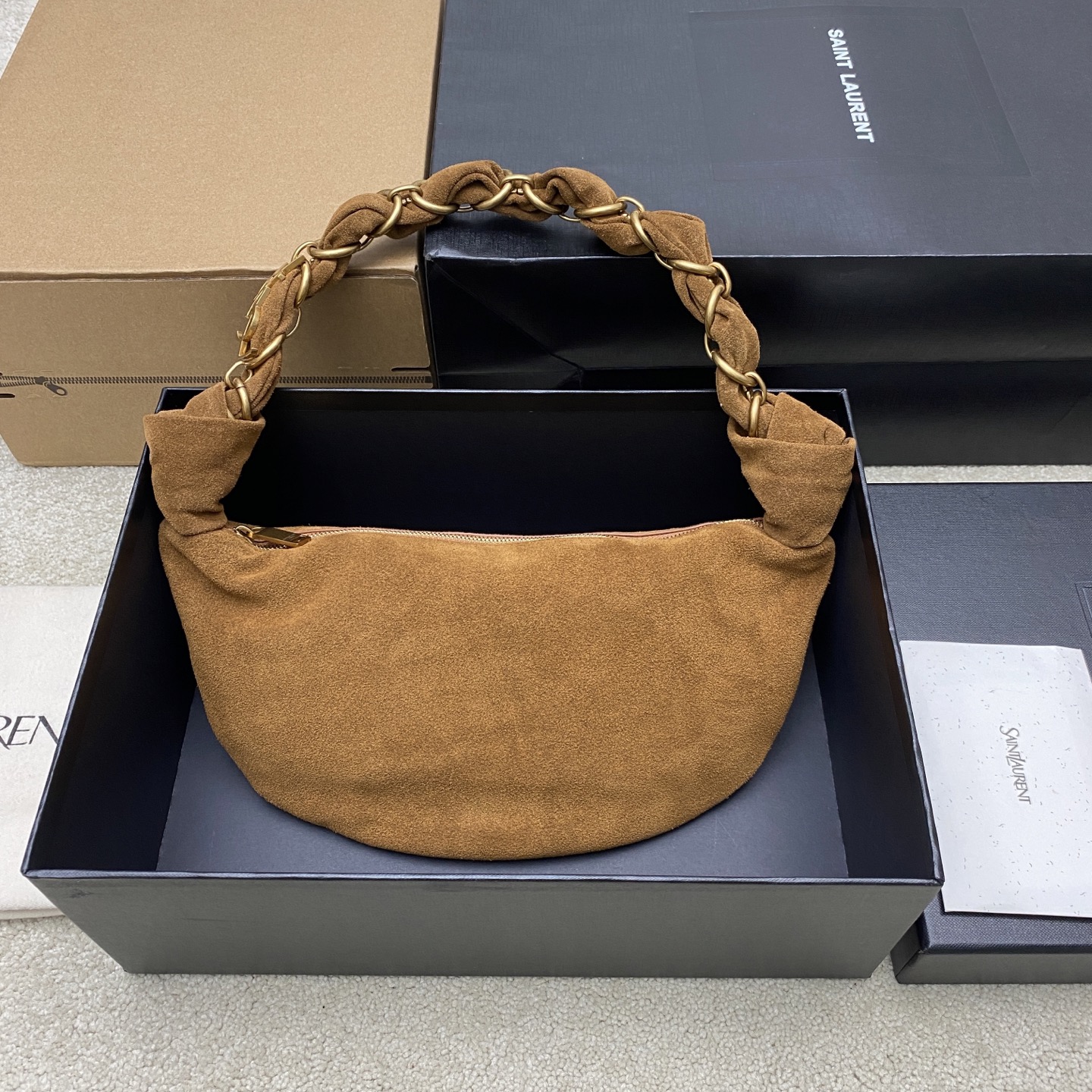 생로랑(YSL) 아말리아(Amalia) 카라멜 브라운 스웨이드 핸드백 가방