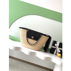 샤넬(Chanel) 26C 라피아 & 블랙 가죽 바스켓 백 - 가방 라지