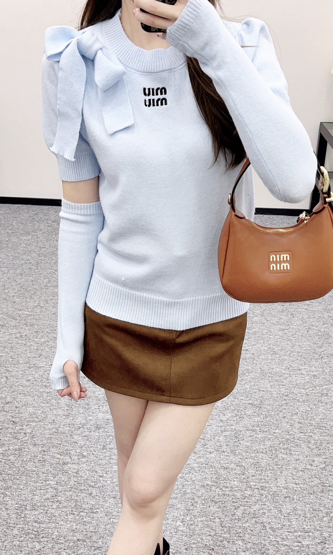 미우미우(MiuMiu) 리본 반팔 니트 & 워머 세트 의류