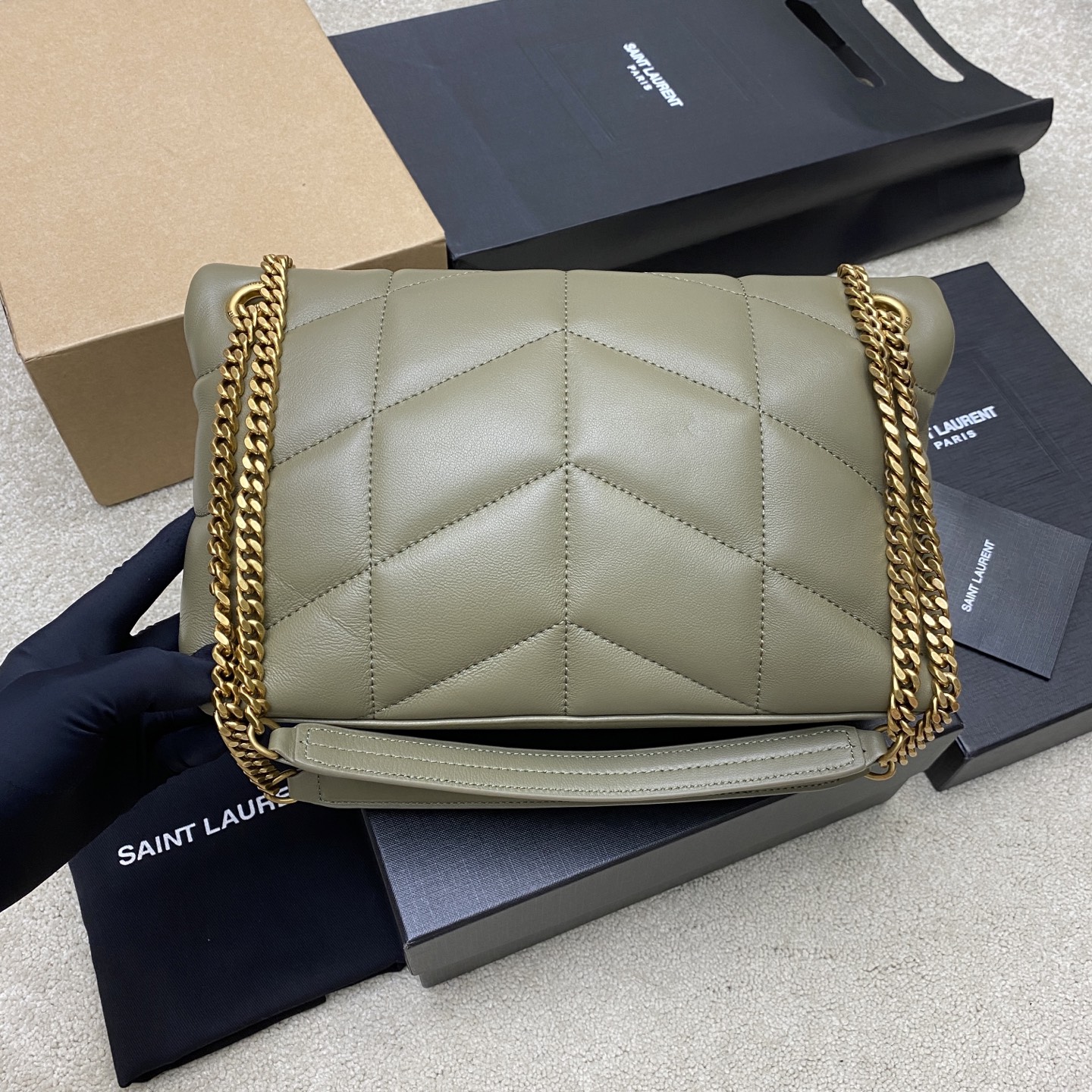 생로랑(YSL) 루루 푸퍼(Loulou Puffer) 미디움 모스 그린 (골드) 숄더백 가방