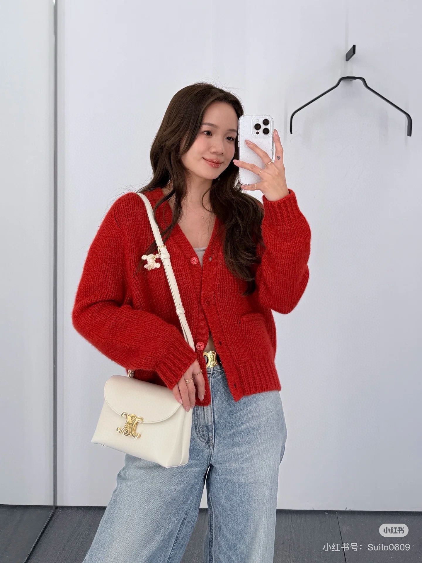 셀린느(CELINE) 화이트 & 레드 트리오페 캐시미어 가디건 의류