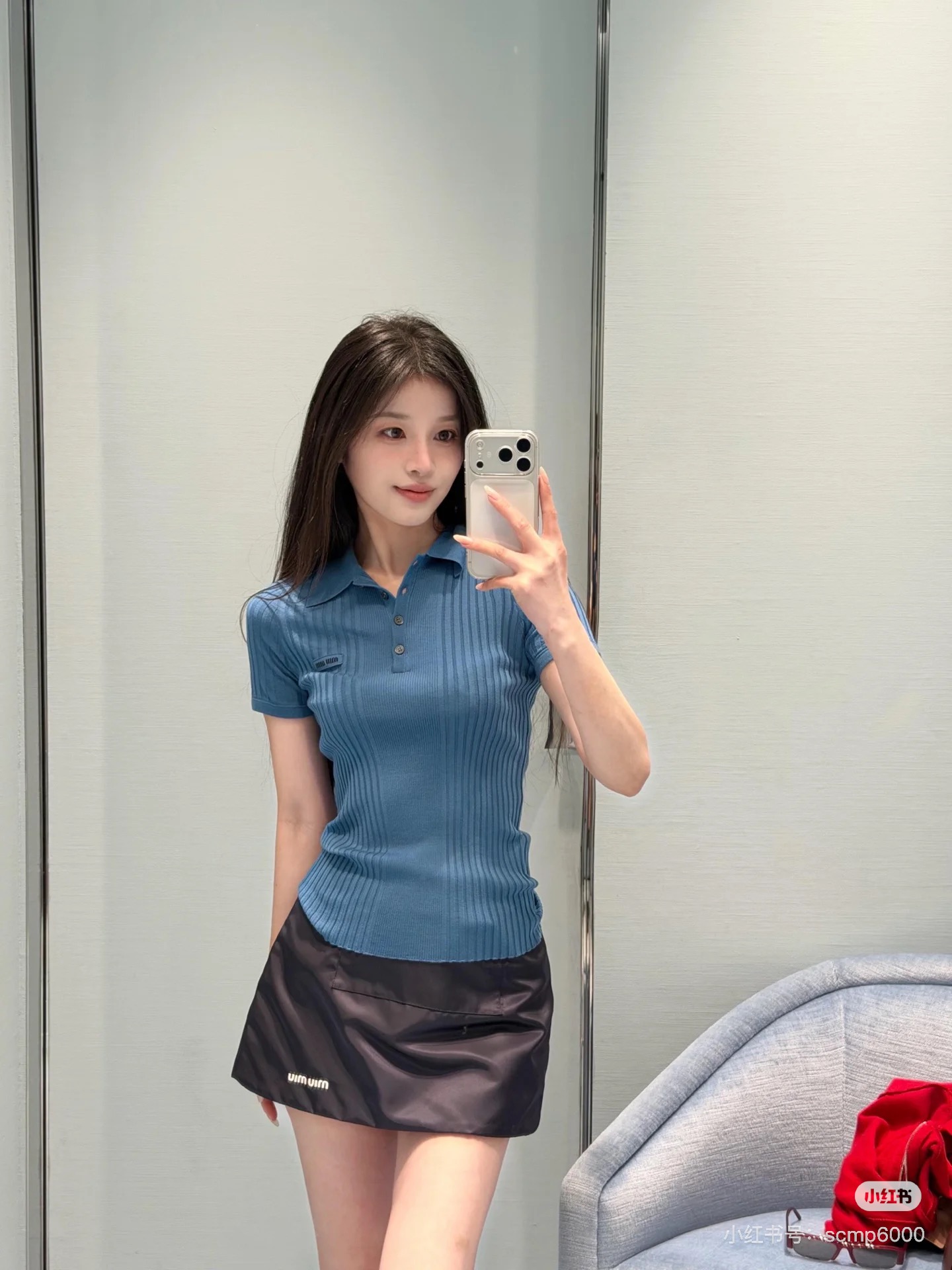 miumiu 미우미우 클라인 블루 골지 폴로 반팔 니트 티셔츠 의류