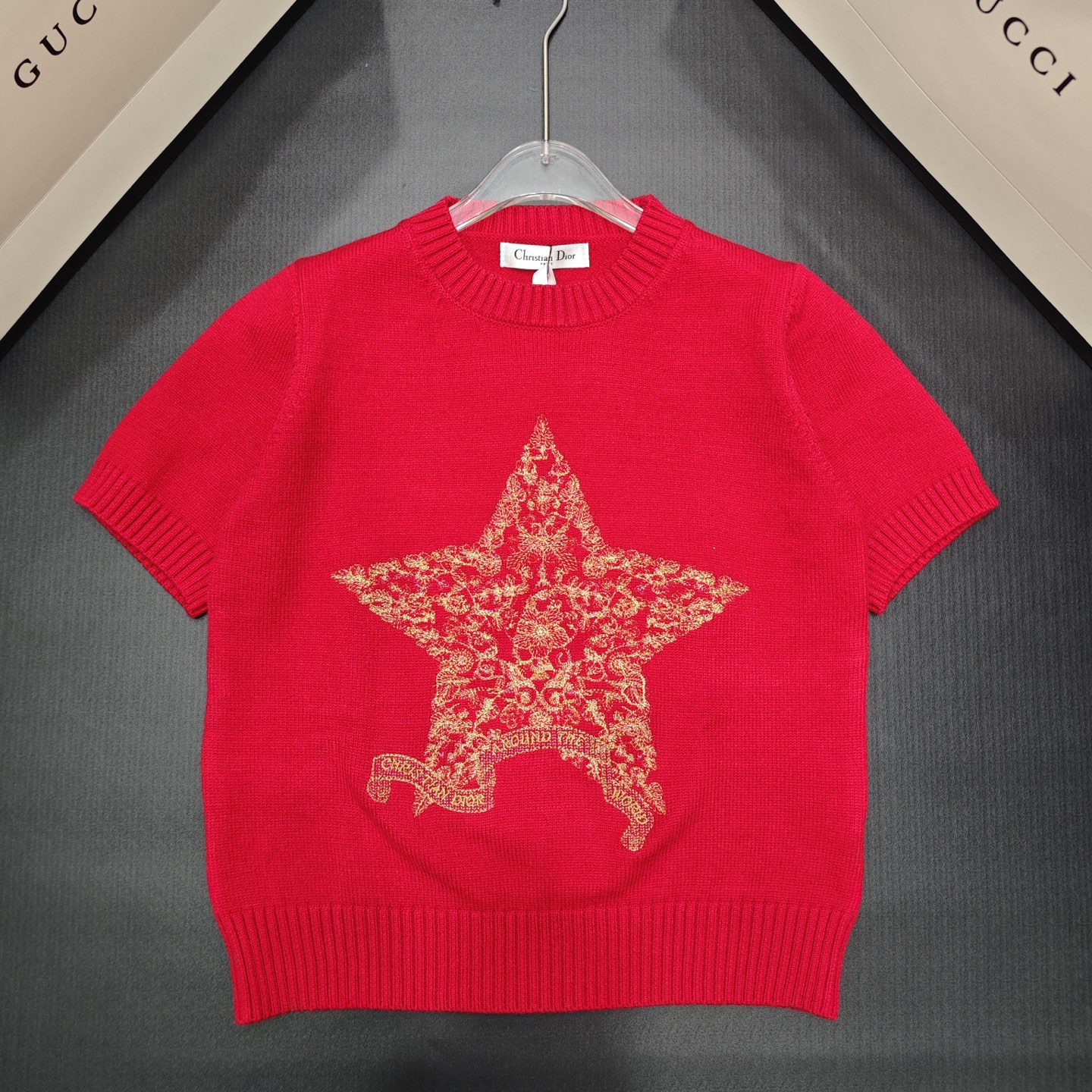 Dior 디올 골드 스타 자수 반팔 울 니트 의류