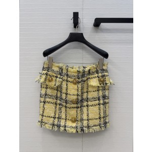 Balmain 발망 옐로우 블랙 체크 트위드 미니스커트 치마 의류