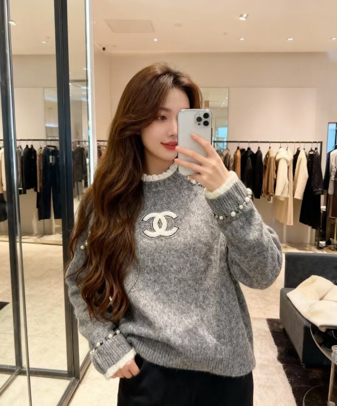 Chanel 샤넬 펄 로고 & 레이스 울 긴팔 니트 의류
