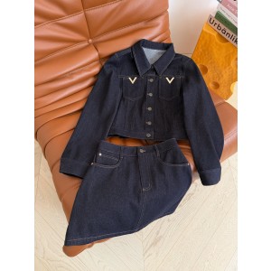Valentino 발렌티노 V 메탈 버클 데님 투피스 세트 자켓 재킷 + 스커트 치마 셋업 의류