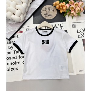 miumiu 미우미우 로고 자수 배색 세미 크롭 반팔 티셔츠 의류