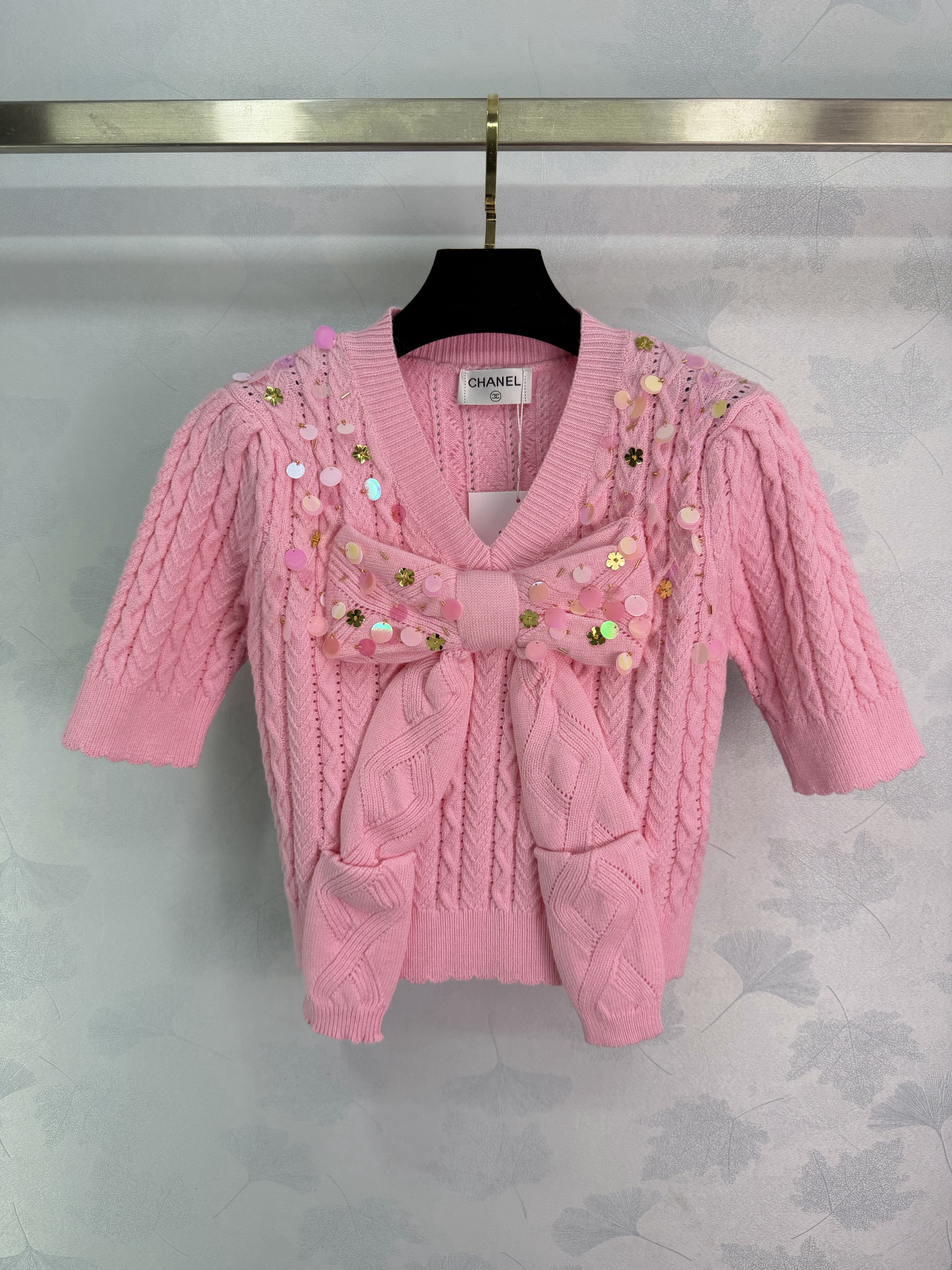 Chanel 샤넬 빅 리본 포인트 시퀸 꽈배기 반팔 니트 의류