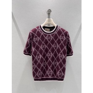 GUCCI 구찌 GG 자카드 아가일 패턴 반팔 니트 상의 의류