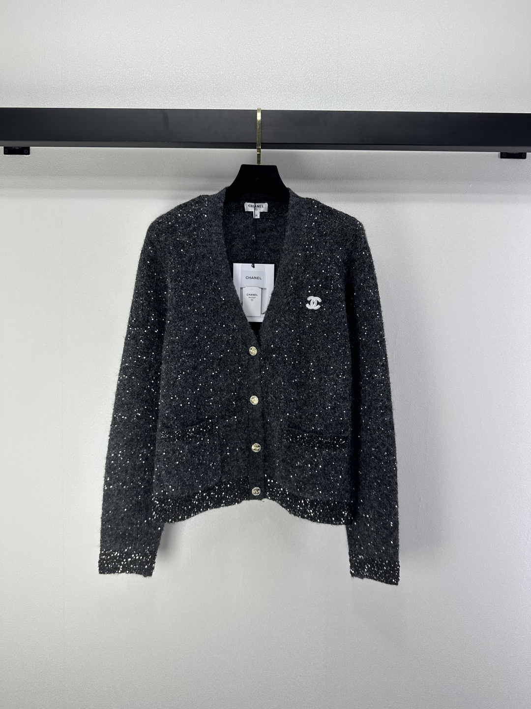 Chanel 샤넬 멜랑지 그레이 로고 글리터 니트 가디건 의류