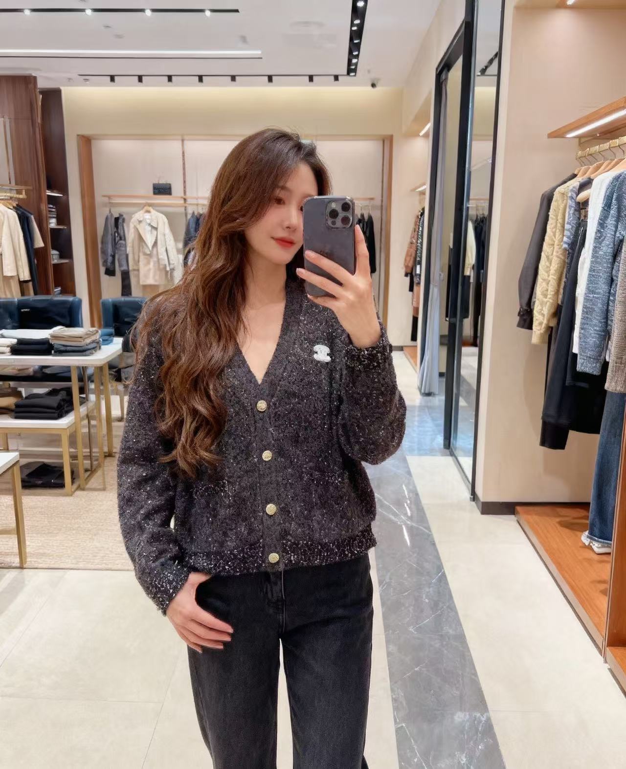 Chanel 샤넬 멜랑지 그레이 로고 글리터 니트 가디건 의류