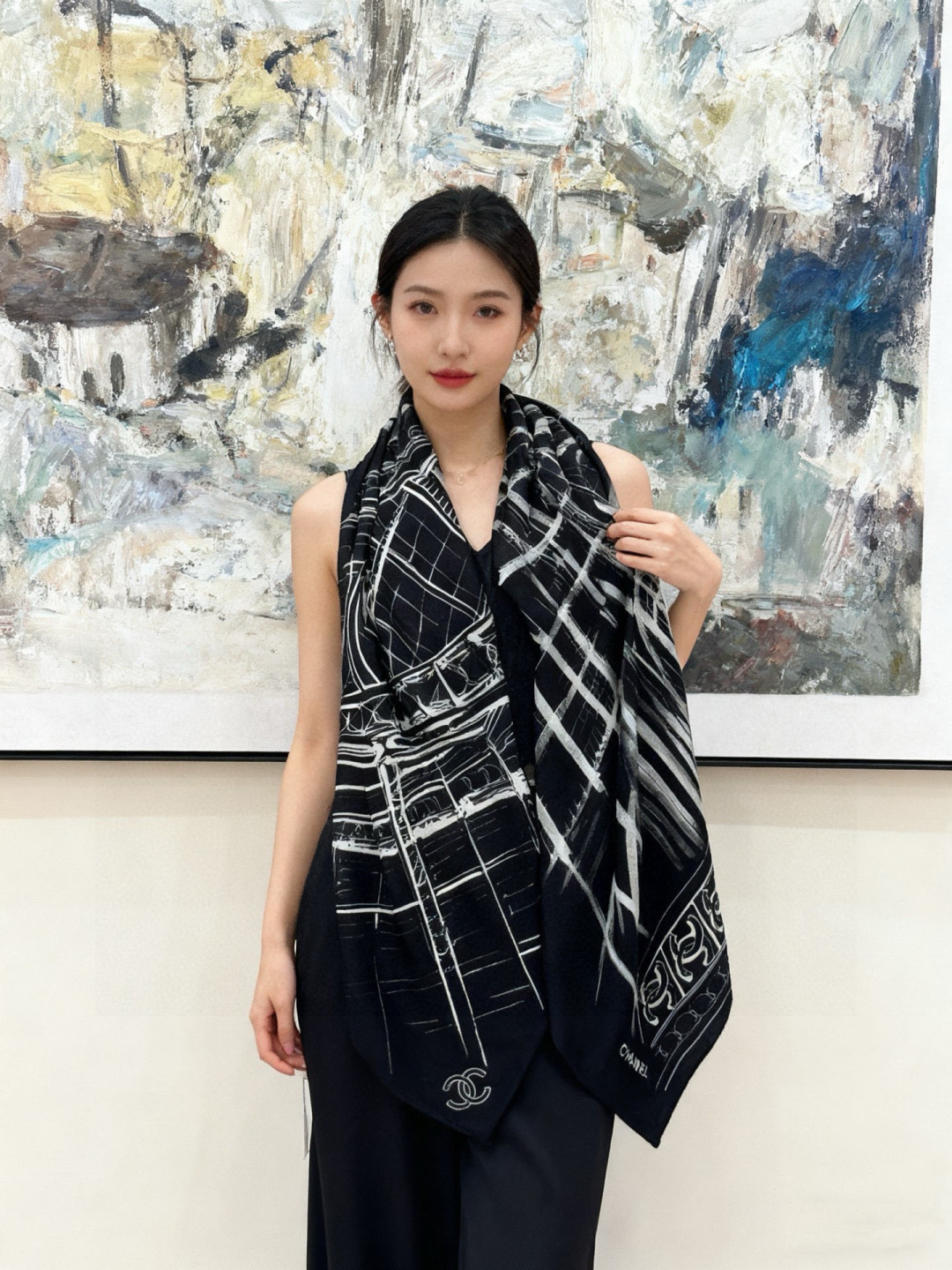 샤넬(CHANEL) 실크 캐시미어 숄 머플러 목도리 스카프