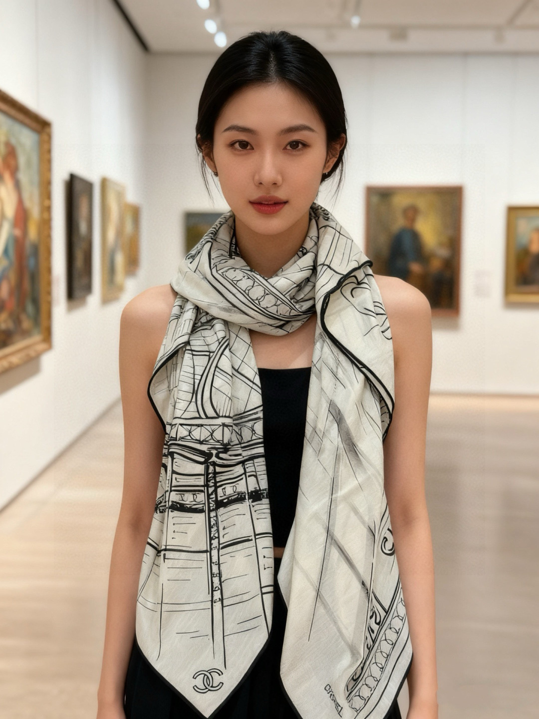 샤넬(CHANEL) 실크 캐시미어 숄 머플러 목도리 스카프