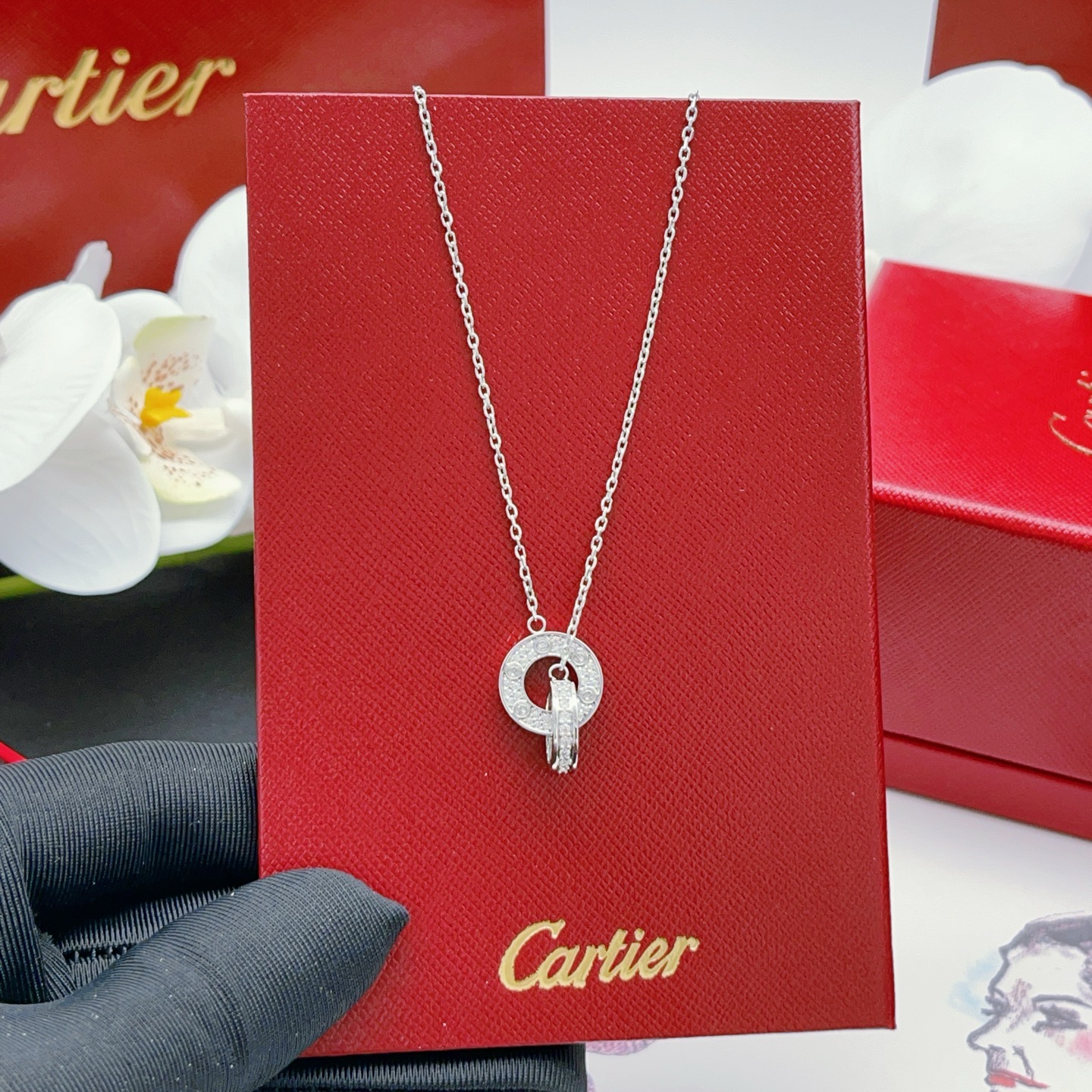 까르띠에(Cartier) 더블 링 다이아 세팅 실버 목걸이 악세사리