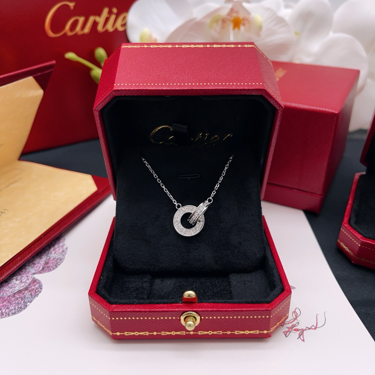 까르띠에(Cartier) 더블 링 다이아 세팅 실버 목걸이 악세사리
