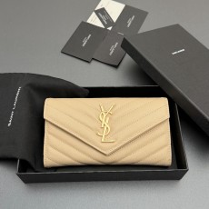 Saint Laurent YSL 생로랑 마틀라세 그레인 레더 장지갑 - 아몬드/금장