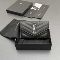 Saint Laurent YSL 생로랑 마틀라세 그레인 레더 플랩 지퍼 카드 지갑 - 블랙/은장