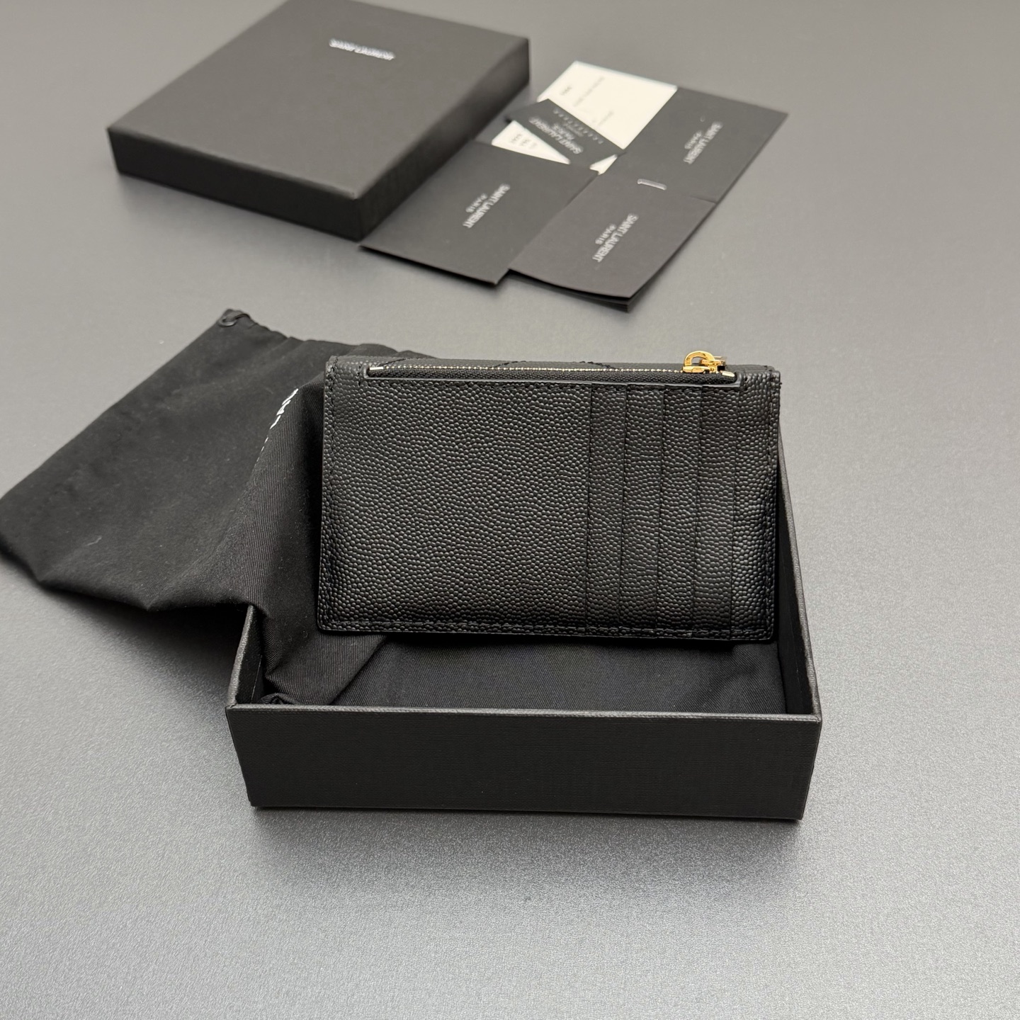 Saint Laurent YSL 생로랑 마틀라세 그레인 레더 플랩 지퍼 카드 지갑 - 블랙/금장