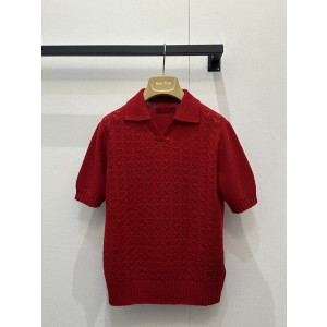 미우미우(miumiu) 레드 캐시미어 펀칭 폴로 카라 반팔 니트 의류
